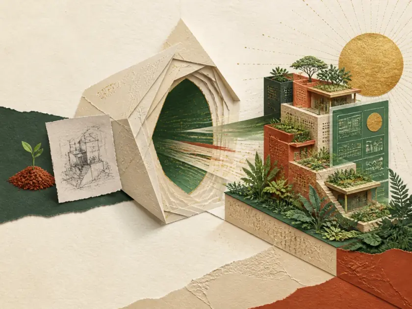 Une graine et un dessin deviennent un ouvrage construit.